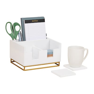 Mind Reader Desktop Organizer with 2 Coasters, 3 Compartments, White (COASDORG-WHT)