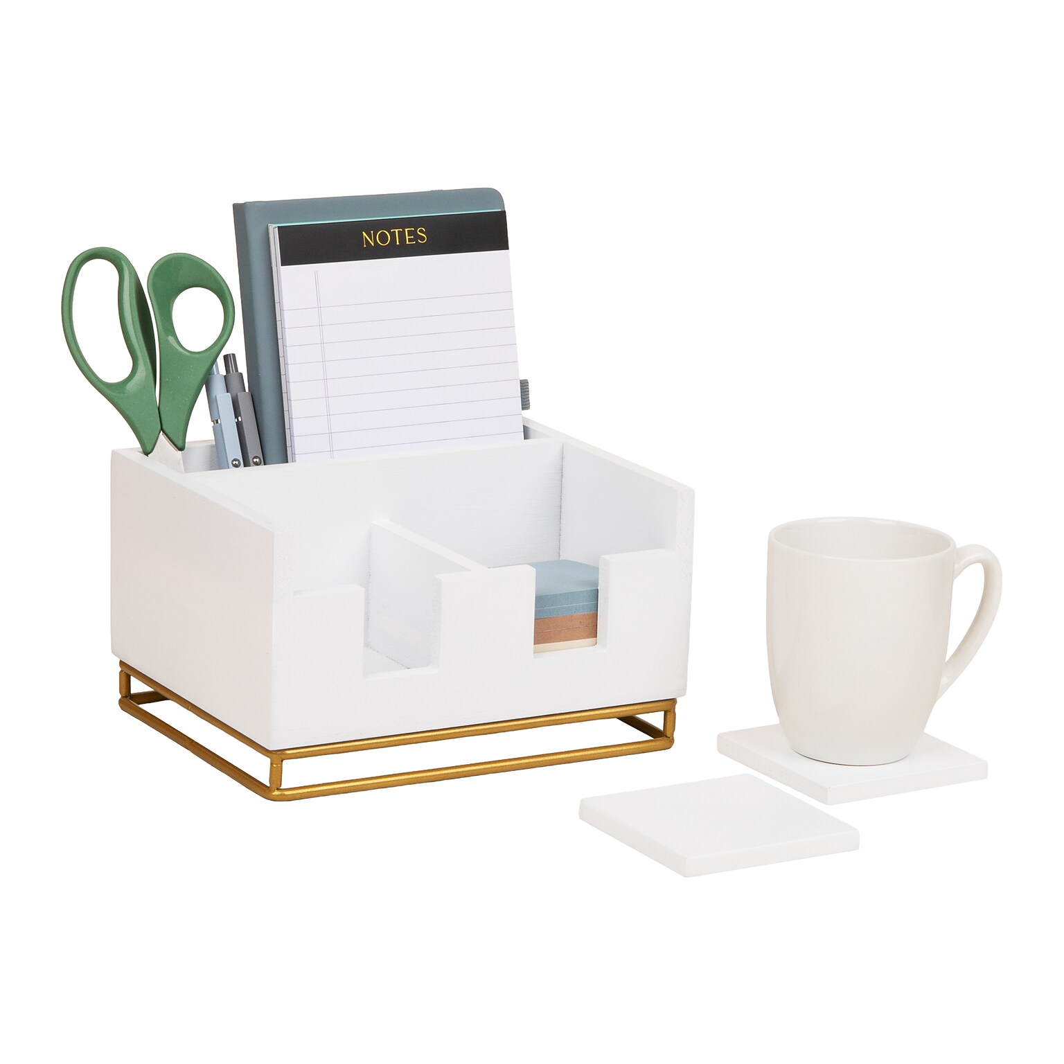 Mind Reader Desktop Organizer with 2 Coasters, 3 Compartments, White (COASDORG-WHT)