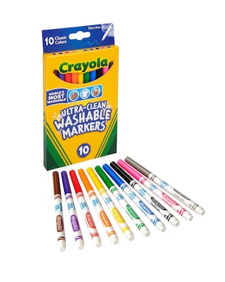 Crayola Ultra-Clean Washable Markers, Fine Line, Assorted Colors,  10/Box (58-7852)