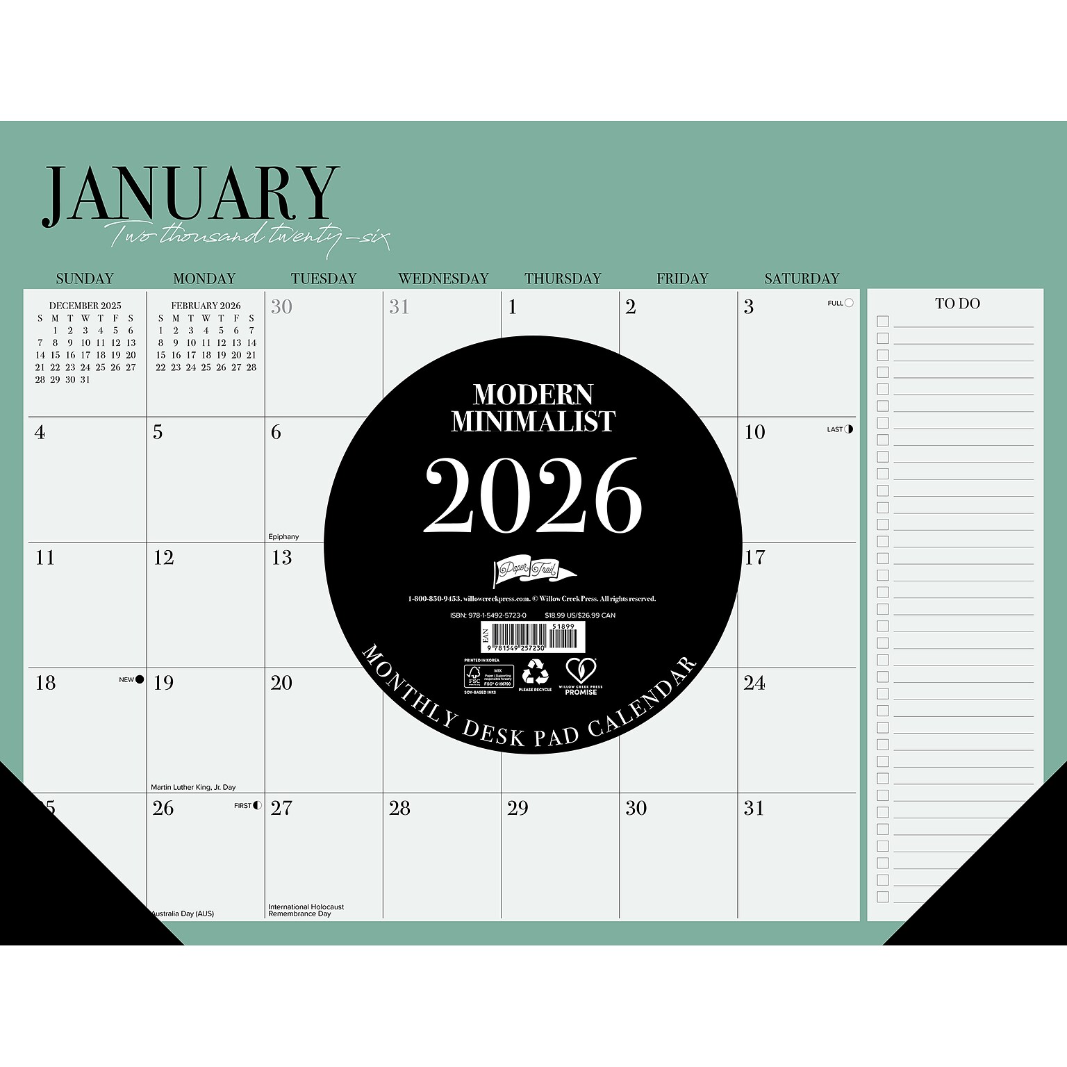 2026 Willow Creek Modern Minimalist 22 x 17 Monthly Desk Pad Calendar, Green (57230)