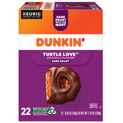 Dunkin' Turtle Love Coffee, Keurig K-Cup Pod, Dark Roast, 22/Box, 4 Boxes/Carton (5000367615CT)