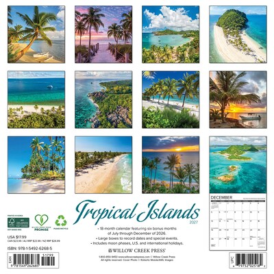 2027 Willow Creek Tropical Islands 12 x 12 Monthly Wall Calendar, Assorted Colors (62685)