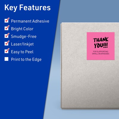 Avery Laser/Inkjet Square Multipurpose Labels, 4" x 4", Bright Pink, 160/Pack (94100)