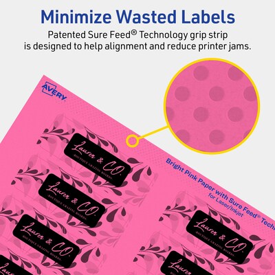 Avery Laser/Inkjet Rectangle Multipurpose Labels, 1" x 3", Bright Pink, 1280/Box (94224)