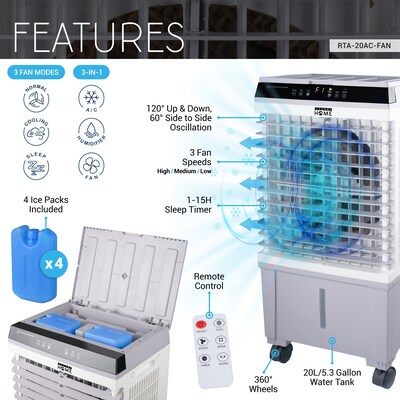 Techni Home 3-in-1 Portable Evaporative Cooler with Remote, WiFi Enabled, White (RTA-20AC-FAN)