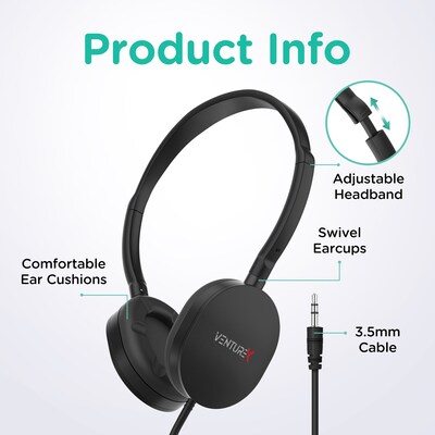 VentureX K22 3.5mm Kids Learning Stereo Phone & Computer Headphone, Black, 50/Pack (VHPK22M50)