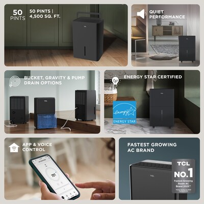 TCL 50-Pint Portable Dehumidifier, WiFi Enabled, 3-Speed, Covers up to 4500 sq. ft., Black (T50DC9SPB)