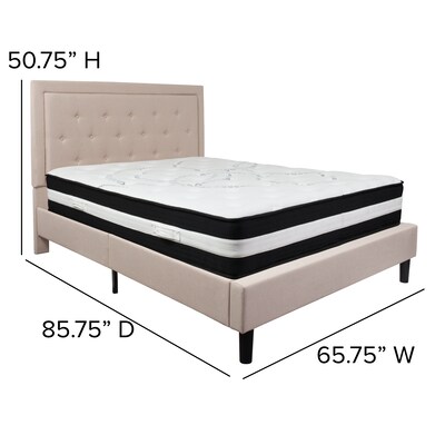 Flash Furniture Roxbury Tufted Upholstered Platform Bed in Beige Fabric with Pocket Spring Mattress, Queen (SLBM19)