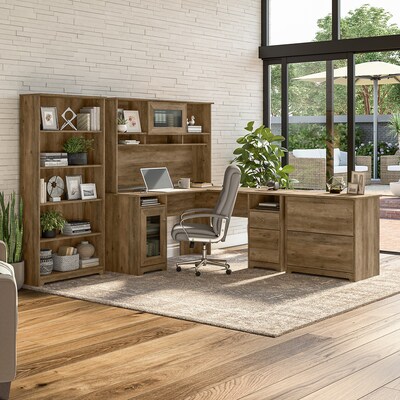 Bush Furniture Cabot 60"W L Shaped Computer Desk with Hutch, File Cabinet and Bookcase, Reclaimed Pine (CAB010RCP)