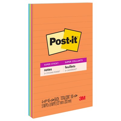 Post-it Super Sticky Notes, 5 x 8, Energy Boost Collection, Lined, 45 Sheet/Pad, 4 Pads/Pack (5845
