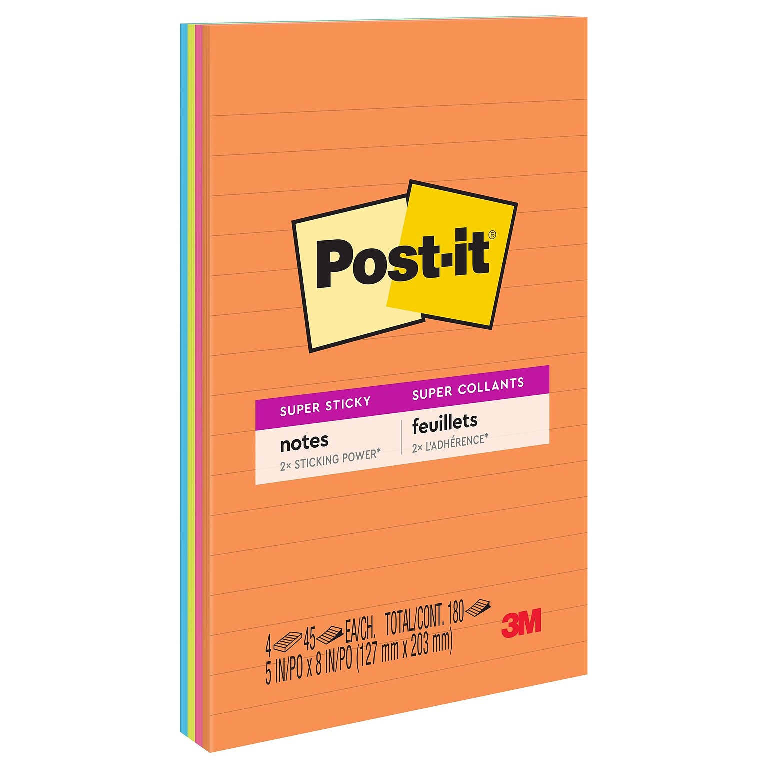 Post-it Super Sticky Notes, 5 x 8, Energy Boost Collection, Lined, 45 Sheet/Pad, 4 Pads/Pack (5845SSUC)