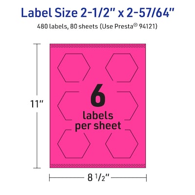 Avery Hexagon Laser/Inkjet Multipurpose Labels, 2-1/2" x 2-57/64", Neon Magenta (480/Box)