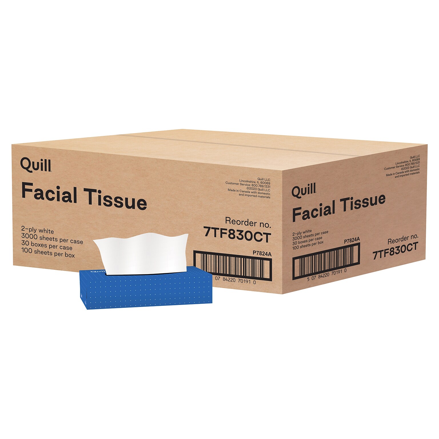 Quill Brand® Flat Box Facial Tissue, 2-Ply, White, 100 Sheets/Box, 30 Boxes/Carton (7TF830-QCCCT)