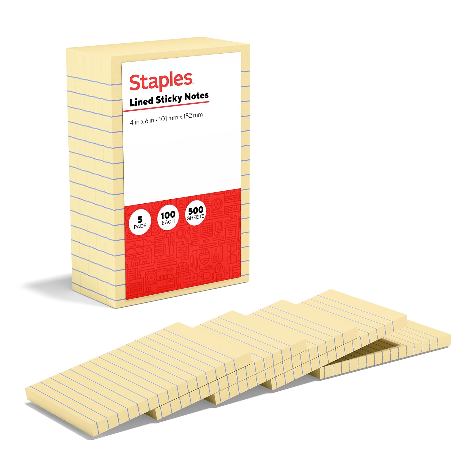 Staples Recycled Sticky Notes, 4 x 6, Sunshine Collection, Lined, 100 Sheets/Pad, 5 Pads/Pack (S46YR/552572)