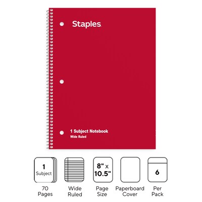 Staples 1-Subject Notebooks, 8 x 10.5, Wide Ruled, 70 Sheets, Assorted Colors, 6/Pack (TR11667)