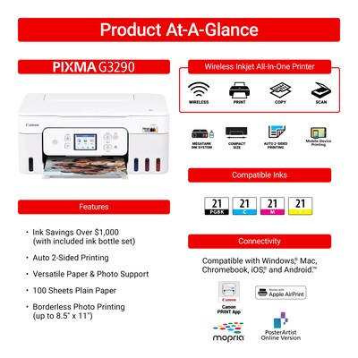 Canon PIXMA G3290 Wireless Color Inkjet Printer, All-In-One Supertank, Print, Scan, Copy (6706C002)