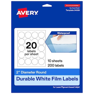Avery Round Laser/Inkjet Multipurpose Labels, 2 Round, White, 20 Labels/Sheet, 10 Sheets/Pack (19479311255)