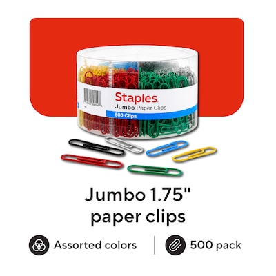 Staples® Vinyl-Coated Paper Clips, Jumbo, Assorted Colors, 500/Pack (ST40653/40653)