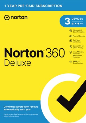 Norton 360 Deluxe Antivirus Software with Scam Protection for 3 Devices, 25GB Cloud Storage (2146231