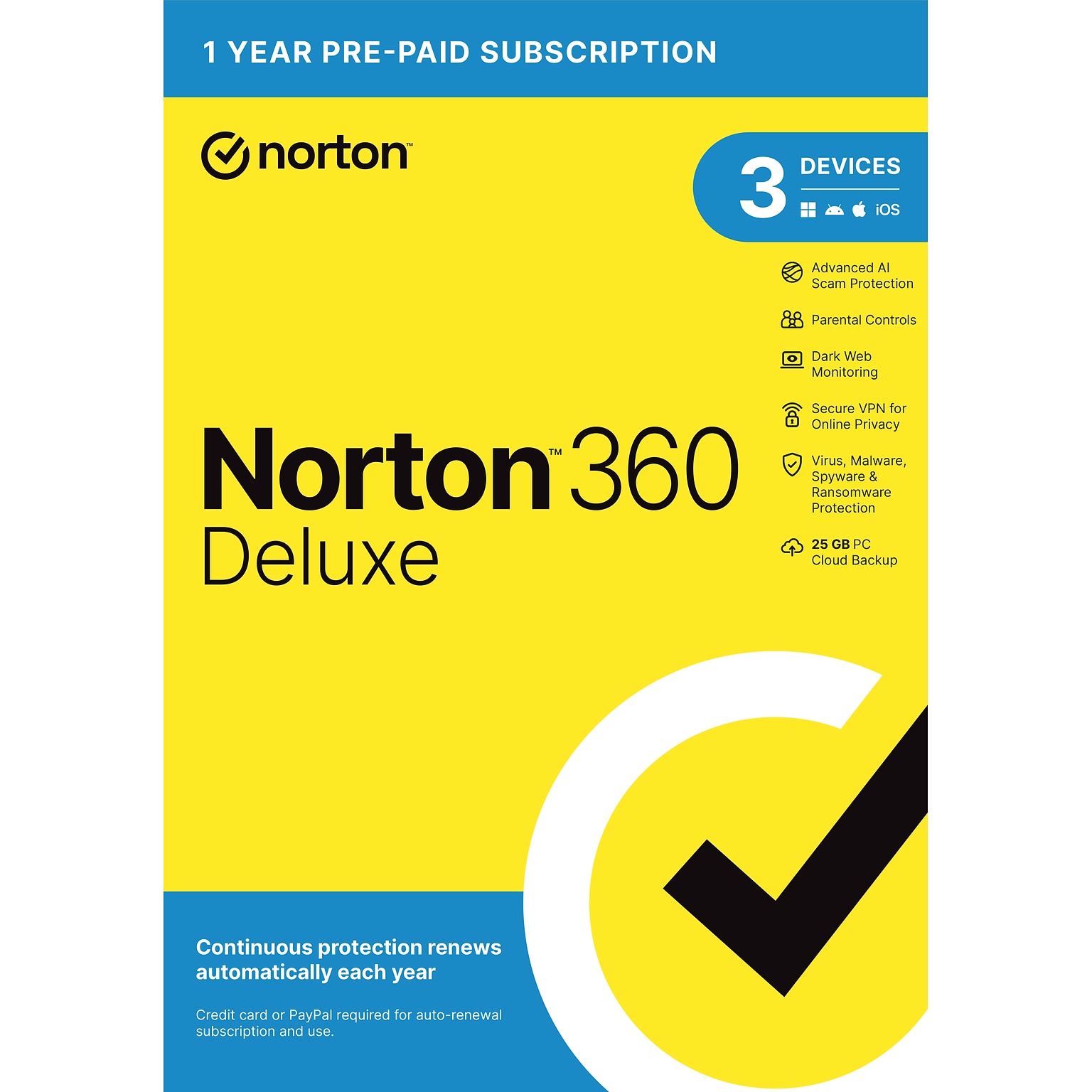 Norton 360 Deluxe Antivirus Software with Scam Protection for 3 Devices, 25GB Cloud Storage (21462314)