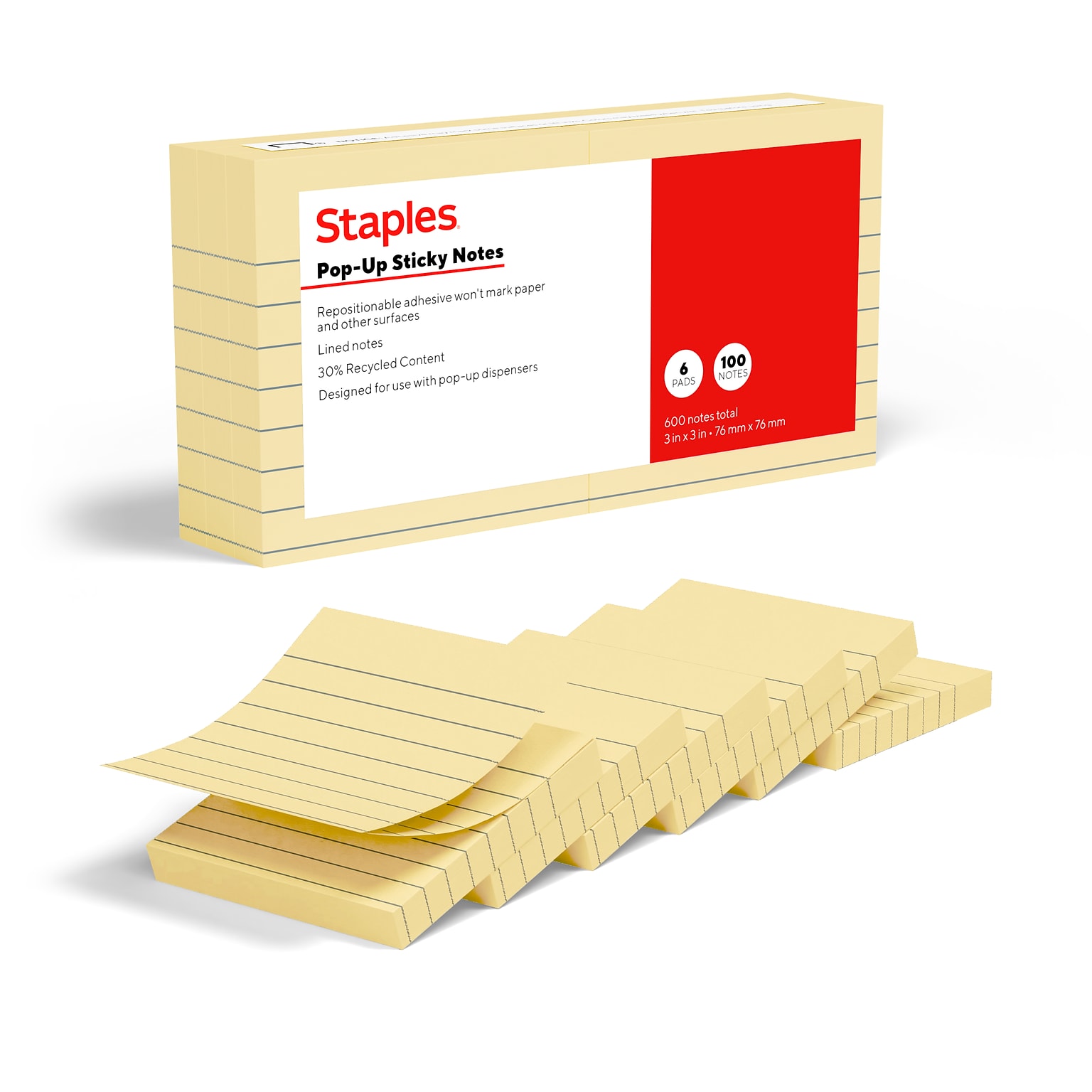 Staples Pop-up Sticky Notes, 3 x 3, Sunshine Collection, Lined, 100 Sheets/Pad, 6 Pads/Pack (ST62874)
