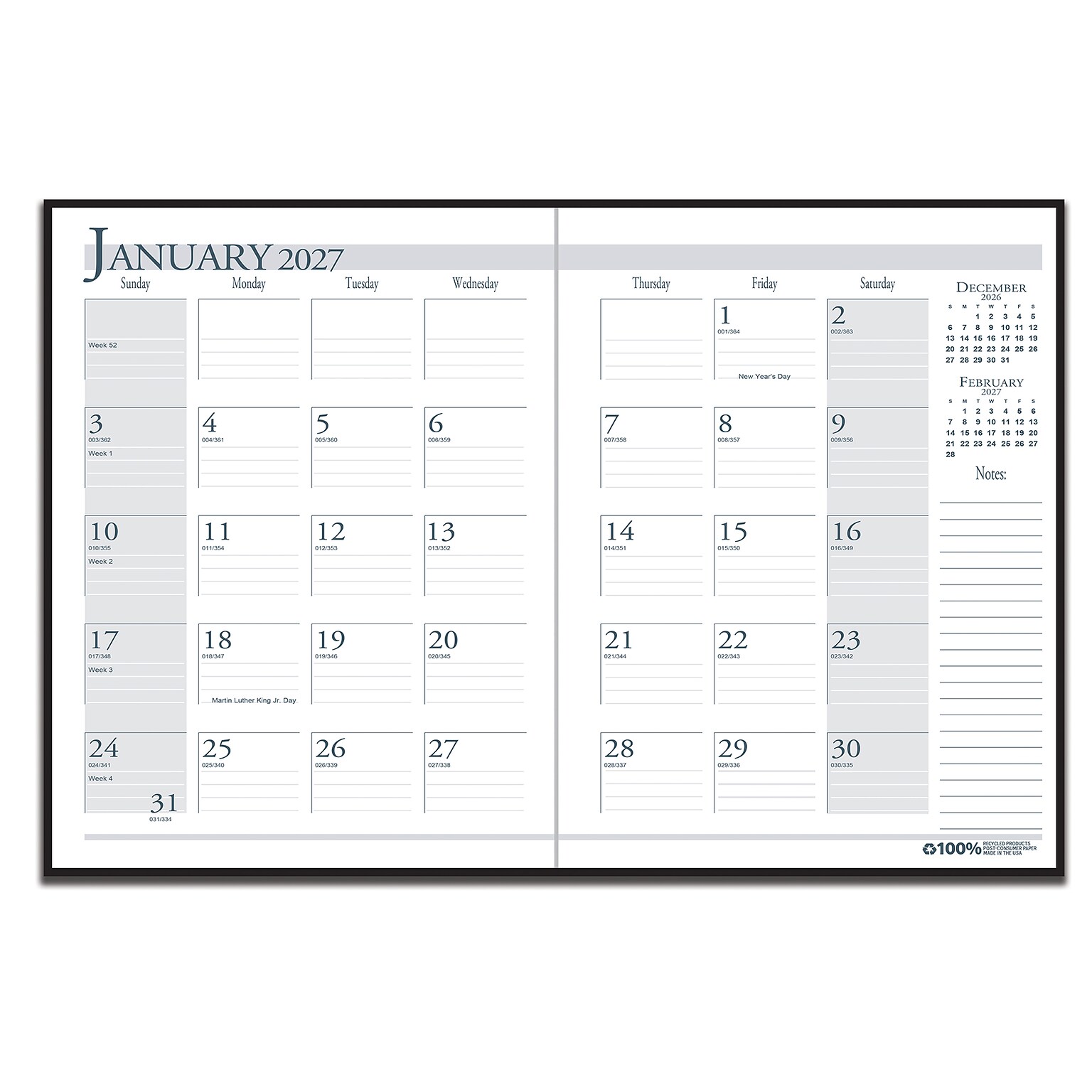 2027 House of Doolittle 8.5 x 11 Monthly Standard Planner, Faux Leather Cover, Black/Blue (26002-27)