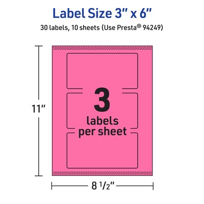 Avery Laser/Inkjet Rectangle Multipurpose Labels, 3" x 6", Bright Pink, 30/Pack (94249)