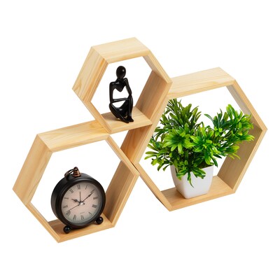 Mind Reader 3-Shelf Mounted Honeycomb Hexagon Floating Shelves, 12" x 3.13" x 13.75" (WWALL3PC-BRN)