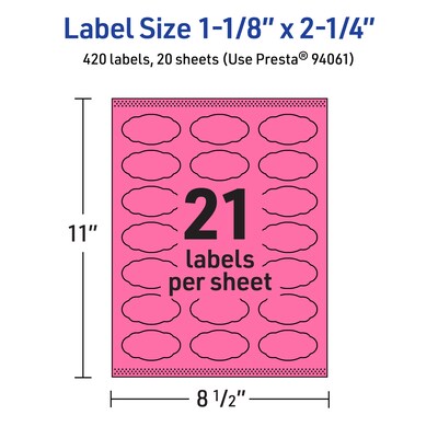 Avery Oval Scalloped Laser/Inkjet Multipurpose Labels, 1-1/8" x 2-1/4", Bright Pink (420/Pack)