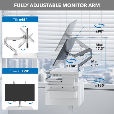 Mount-It! MedHub Mobile Medical Cart Workstation with Drawers, Monitor arm, and Locking Caster Wheels, White/Grey (MI-16026)