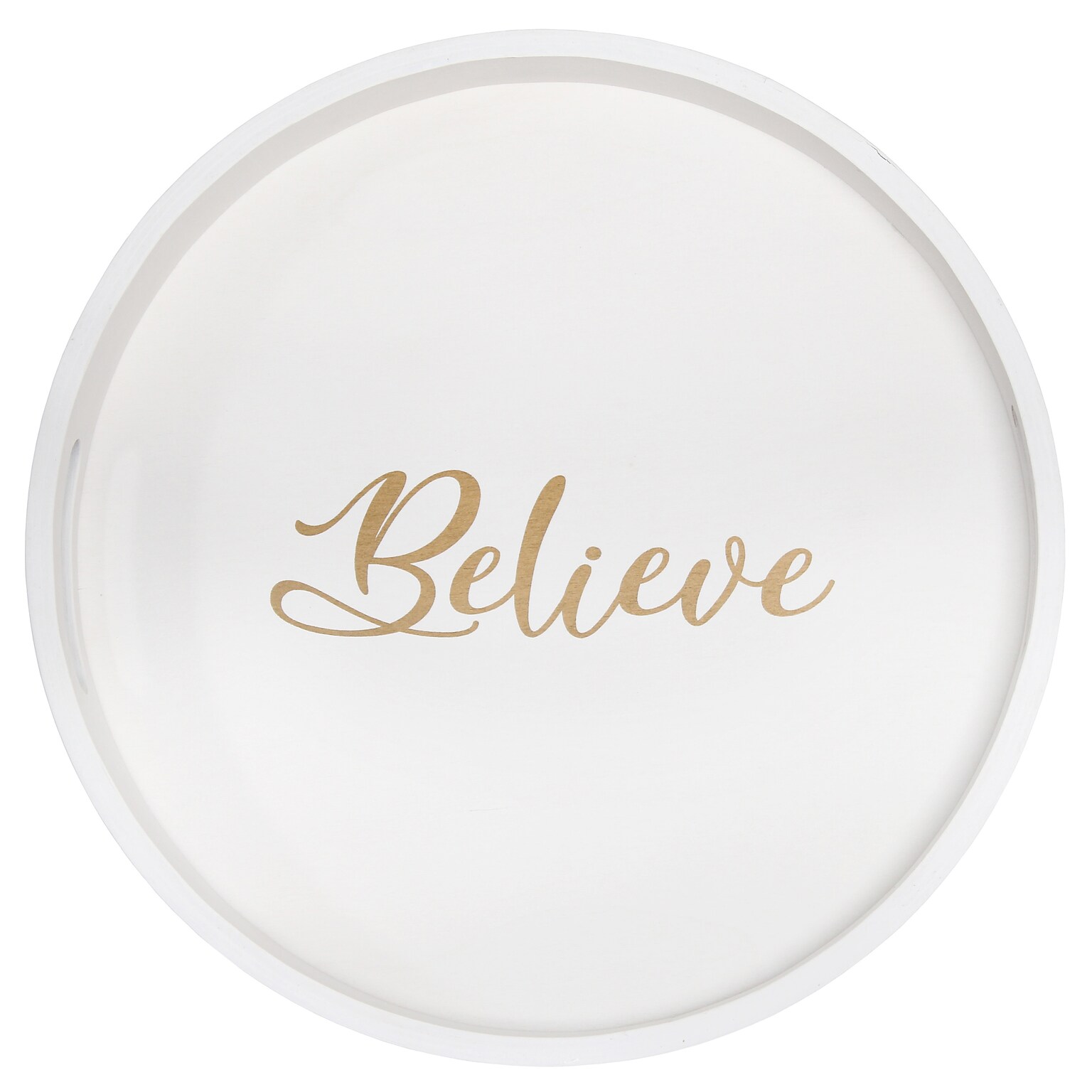 Elegant Designs Believe Decorative 13.75 Round Wood Serving Tray w/ Handles, White Wash (HG2013-WBV)