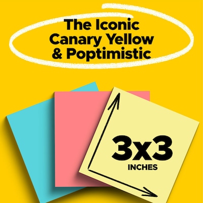 Post-it Notes, 3" x 3", Canary Collection, 100 Sheet/Pad, 18 Pads/Pack (654144B)