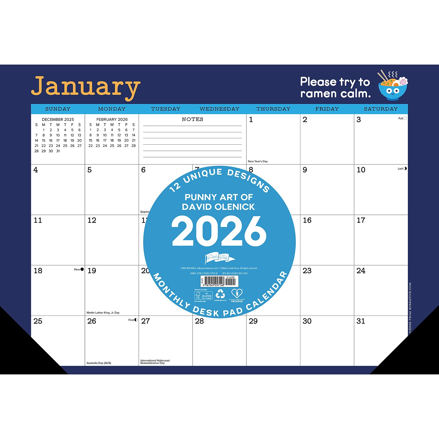 2026 Willow Creek Punny Art of David Olenick 17 x 12 Monthly Desk Pad Calendar (57148)