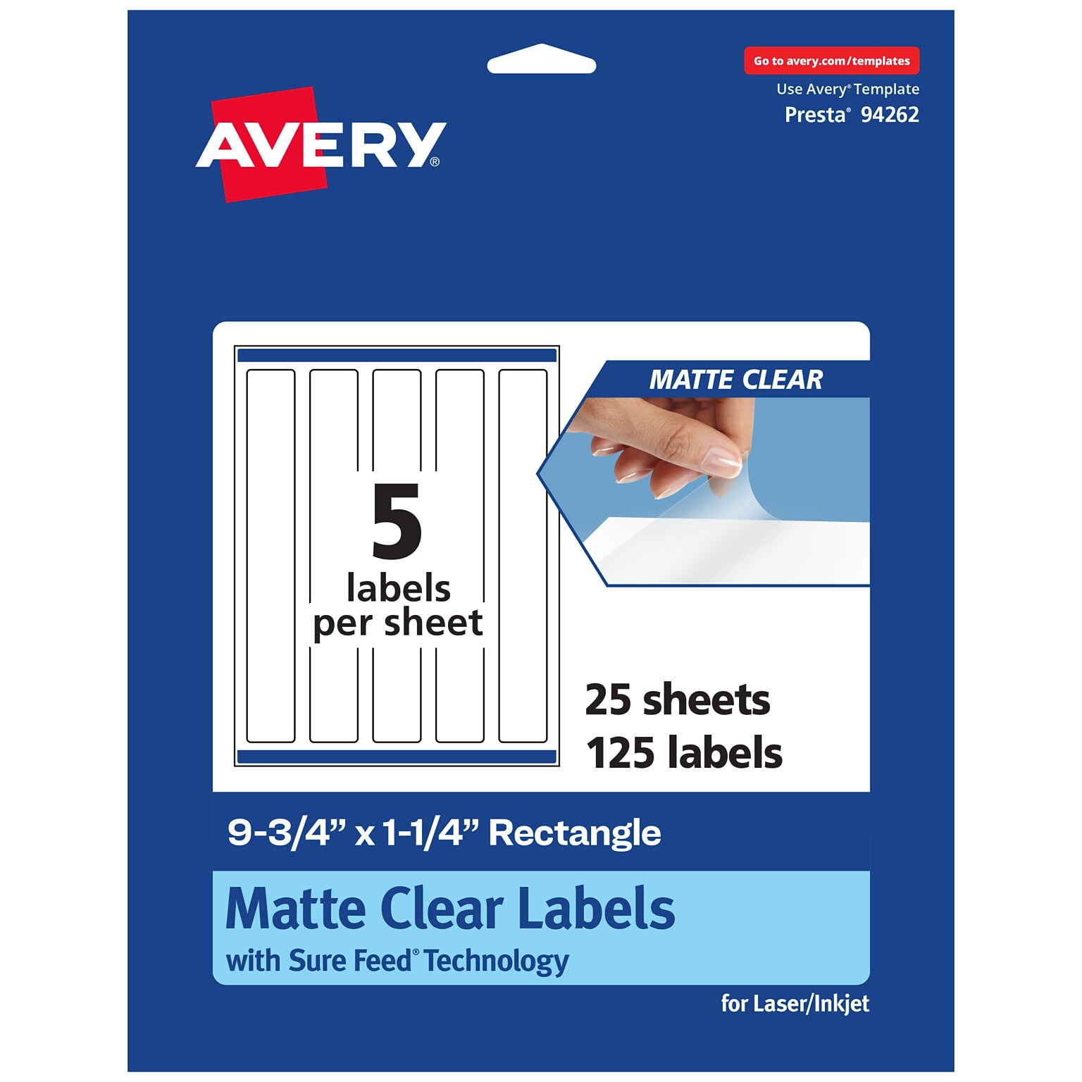Avery Laser/Inkjet Rectangle Multipurpose Labels, 9-3/4 x 1-1/4, Clear, 125/Pack (94262)