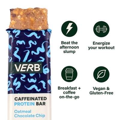 VERB Caffeinated Gluten Free Oatmeal Chocolate Chip Protein Bar, 1.8 oz., 12/Pack (220-02523)