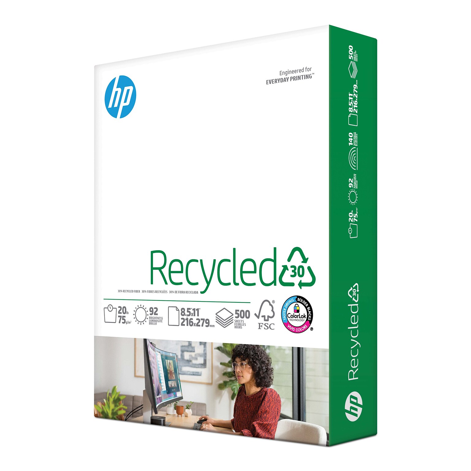 HP 30% Recycled 8.5 x 11 Multipurpose Paper, 20 lbs., 92 Brightness, 500 Sheets/Ream (HPE1120)