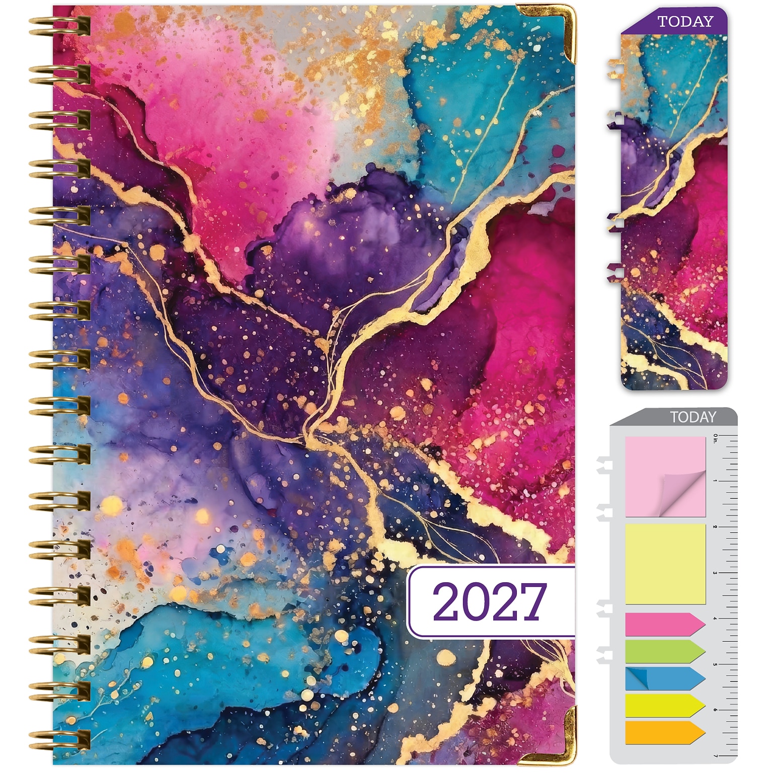 2027 Excello Brands 6 x 8 Weekly & Monthly Standard Planner, Paperboard Cover, Rainbow Gold Marble (FSHN-CY27-58-36)