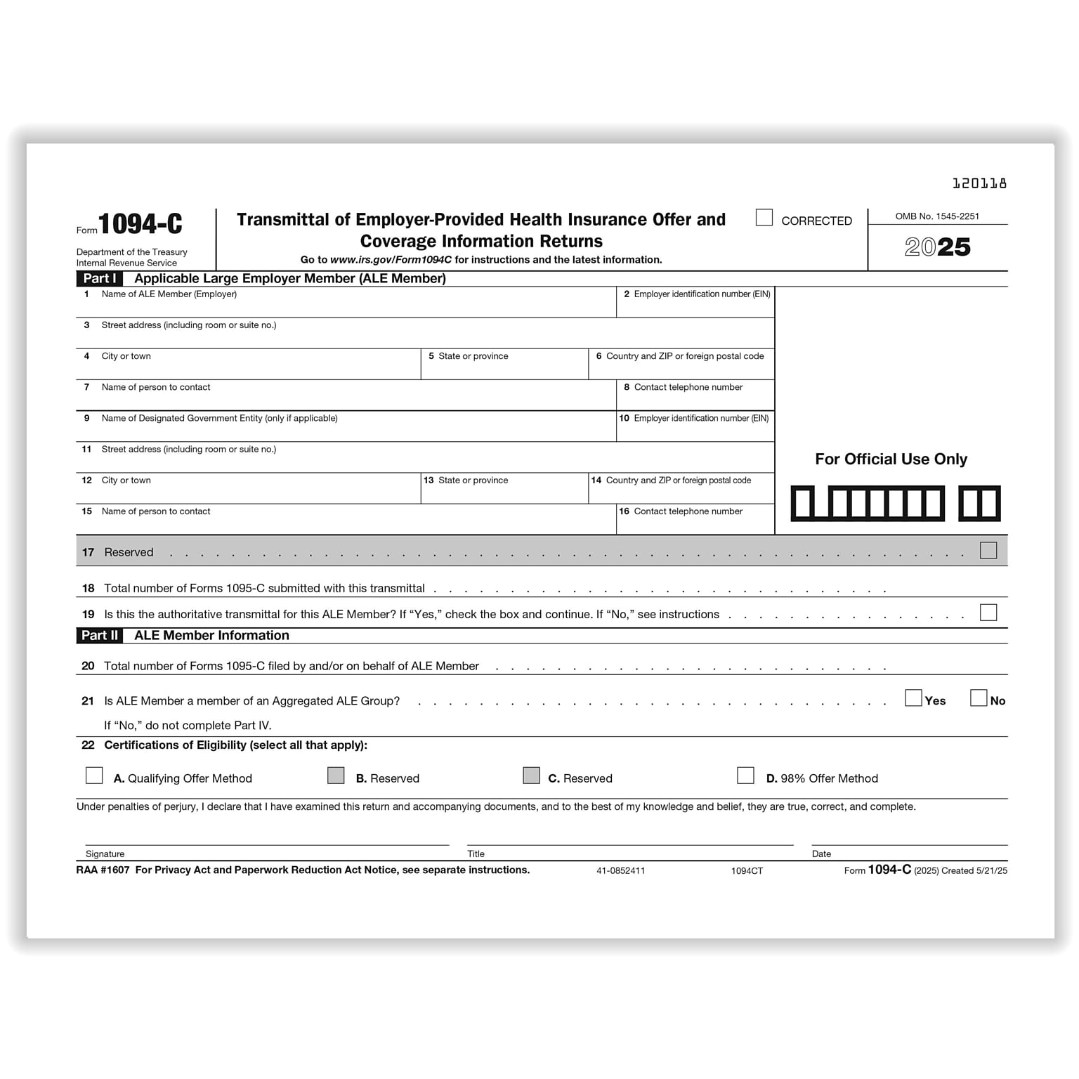 ComplyRight 2025 1094-C Tax Form, 1-Part, White/Black, 50/Pack (1094CT50)
