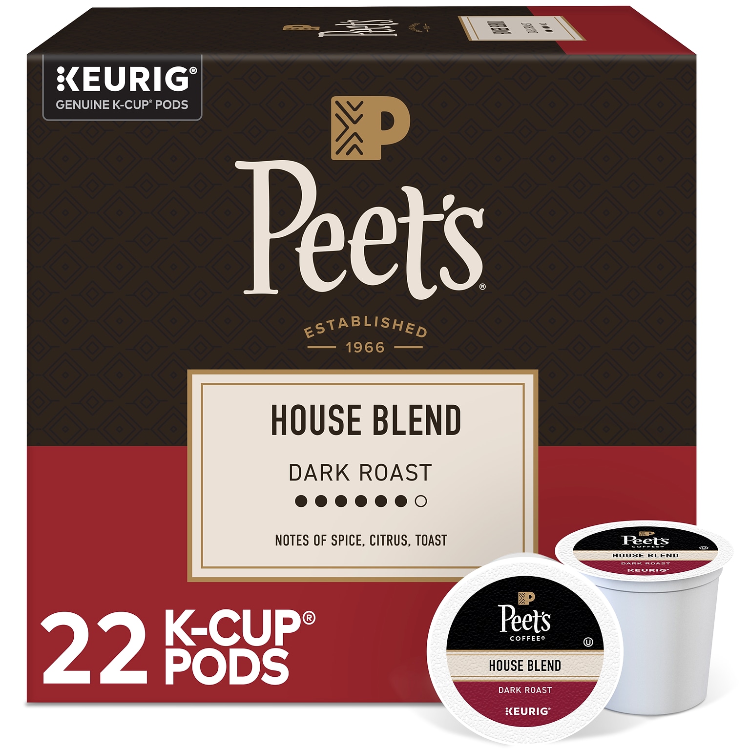 Peets Coffee House Blend Coffee Keurig® K-Cup® Coffee Pods, Dark Roast, 22/Box (6546)