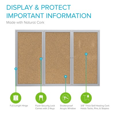 Ghent 4 H x 6 W Enclosed Natural Cork Bulletin Board with Satin Frame, 3 Door (PA34872K)