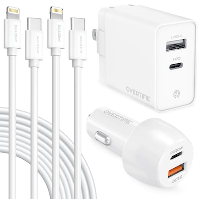 Delton Overtime USB-C/USB Wall & Car Chargers with Two Apple MFi Certified Cables for iPhone/iPad, W