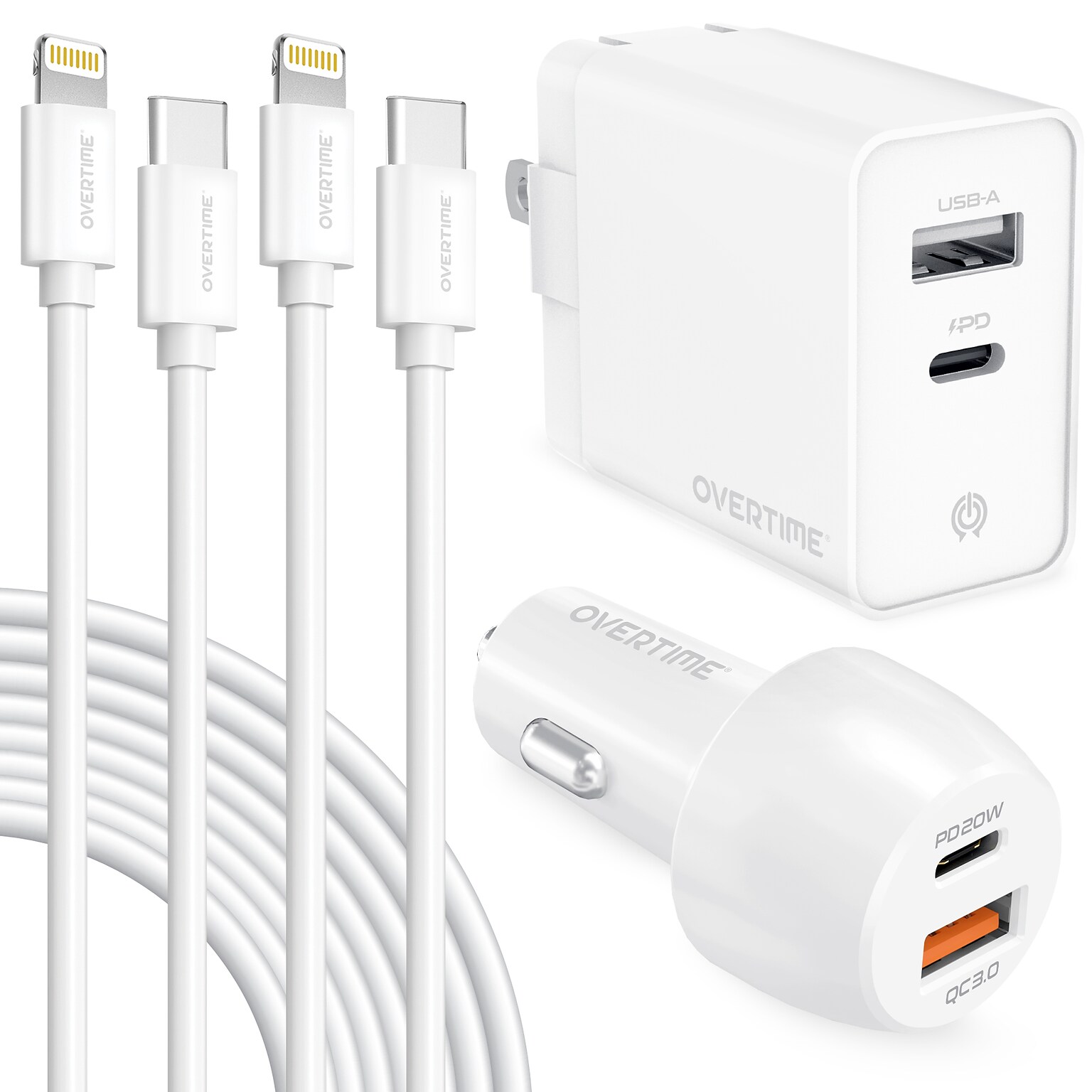Delton Overtime USB-C/USB Wall & Car Chargers with Two Apple MFi Certified Cables for iPhone/iPad, White (CE14550A)