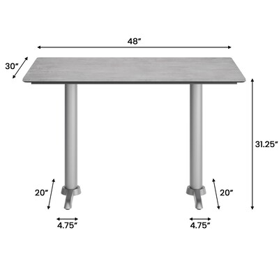 Flash Furniture Acadia Wooden Dining Table with T-Bases, 30"D x 48"W, Gray Faux Concrete/Silver Base (ST3048CGT0522S)