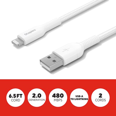 Staples TECH Lightning to USB-A Charging Cable, 6.6 ft., White, 2/Pack (ST62319)