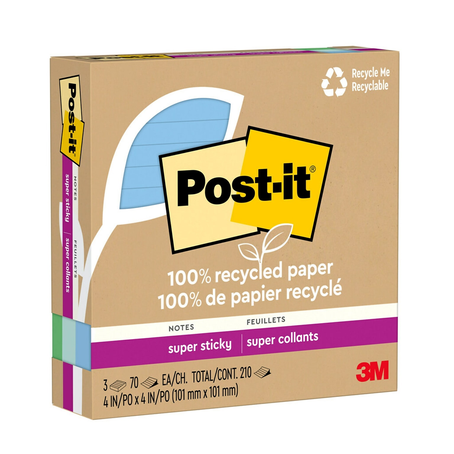 Post-it Oasis Recycled Super Sticky Notes, 4 x 4, Oasis Collection, Lined, 70 Sheets/Pad, 3 Pads/Pack (675R-3SST)