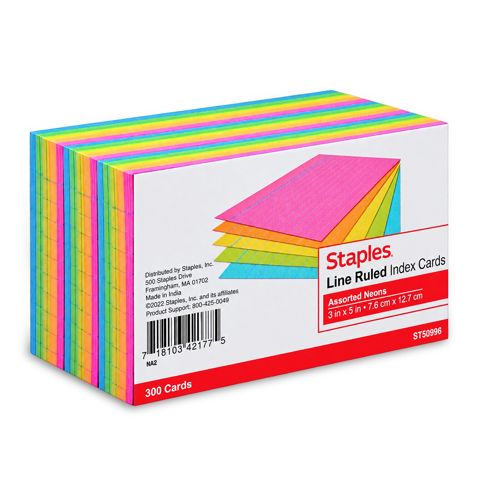 Staples Index Cards, 3 x 5, Lined, Neon Assorted Colors, 300 Pack – Bright Ruled Cards for Studying, Notes & Projects