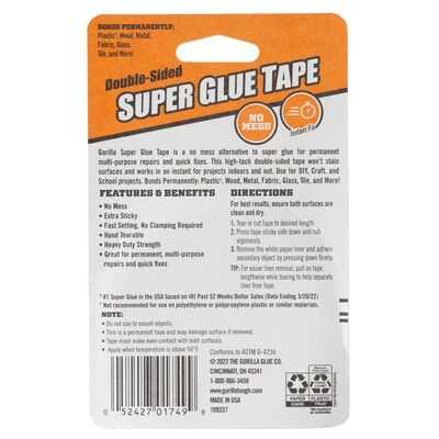 Gorilla Double-Sided Super Glue Tape, 5/8 x 20, Clear (109340)