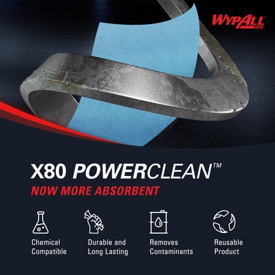 WypAll PowerClean X80 Fabric Cleaning Wipers, 13.4" x 12.5", Blue, 455 Sheets/Roll (41043)