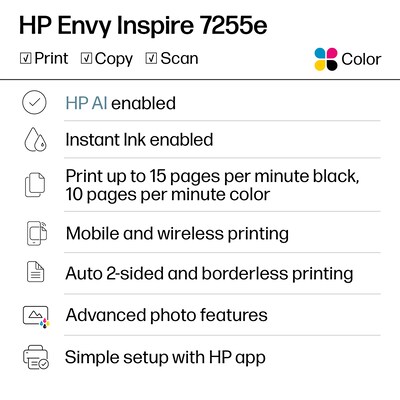 HP ENVY Inspire 7255e Wireless Color Inkjet Printer, All-In-One, Print, Scan, Copy (1W2Y9A#B1H)