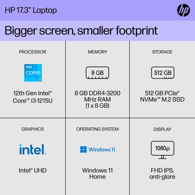 HP 17-cn2283st 17.3 Laptop, Intel Core i3-1215U, 8GB Memory, 512GB SSD, Windows 11 Home (8Q3J6UA)